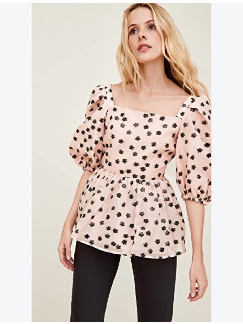 Stine Goya IRENE Meadow Organza Pink Puff-Sleeve Square-Neck Pattern Peplum Blse